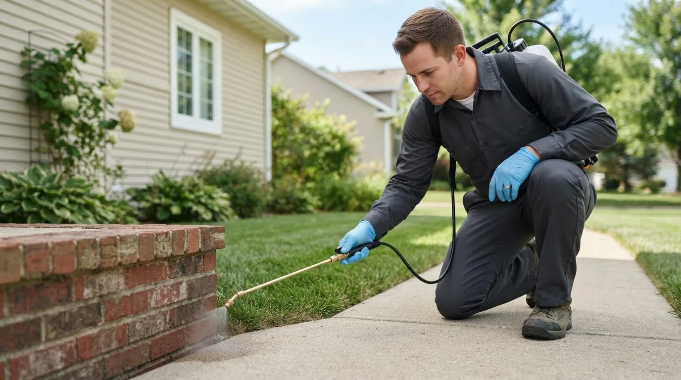 Pest control technician treating a home near Oakwood, TX