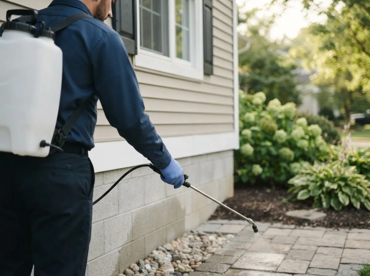 Pest control technician inspecting a home in Oakwood, TX
